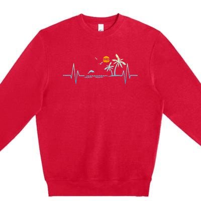 Heartbeat With Tropical Palm Trees Beach Island Sunset Premium Crewneck Sweatshirt