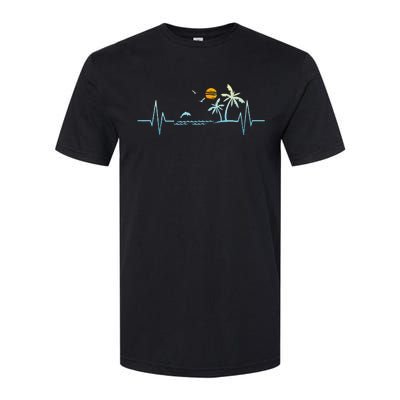 Heartbeat With Tropical Palm Trees Beach Island Sunset Softstyle CVC T-Shirt