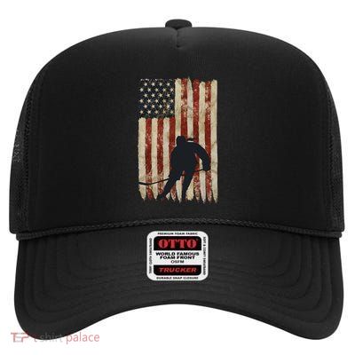 Hockey Weathered Usa Flag Patriotic Cute Gift High Crown Mesh Back Trucker Hat