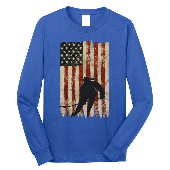 Hockey Weathered Usa Flag Patriotic Cute Gift Long Sleeve Shirt