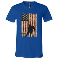 Hockey Weathered Usa Flag Patriotic Cute Gift V-Neck T-Shirt