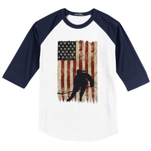 Hockey Weathered Usa Flag Patriotic Cute Gift Baseball Sleeve Shirt