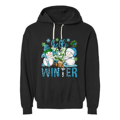 Hello Winter Vibes Cozy Season Snowman Christmas Pajamas Garment-Dyed Fleece Hoodie
