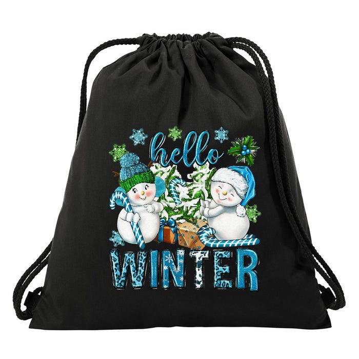Hello Winter Vibes Cozy Season Snowman Christmas Pajamas Drawstring Bag