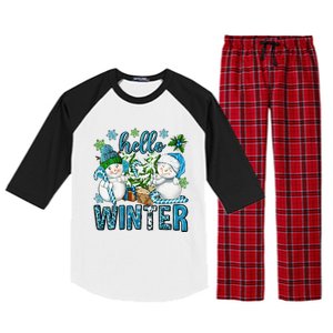 Hello Winter Vibes Cozy Season Snowman Christmas Pajamas Raglan Sleeve Pajama Set