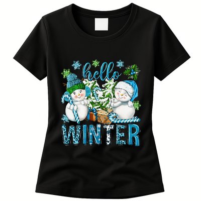Hello Winter Vibes Cozy Season Snowman Christmas Pajamas Womens T-Shirt
