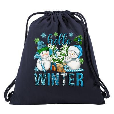 Hello Winter Vibes Cozy Season Snowman Christmas Pajamas Drawstring Bag