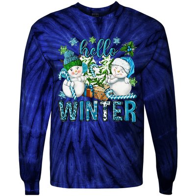 Hello Winter Vibes Cozy Season Snowman Christmas Pajamas Tie-Dye Long Sleeve Shirt