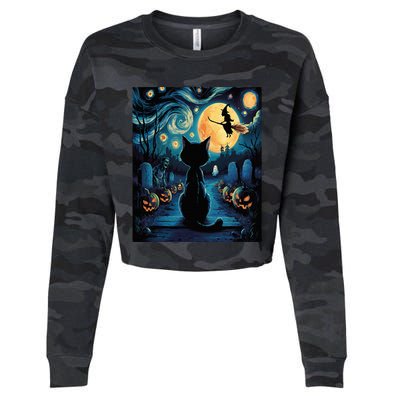 Halloween Witch Van Gogh Starry Night Black Cat Pumpkin Cropped Pullover Crew