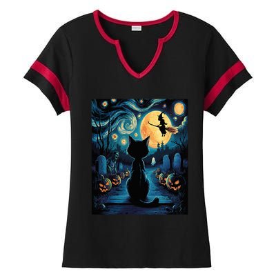 Halloween Witch Van Gogh Starry Night Black Cat Pumpkin Ladies Halftime Notch Neck Tee