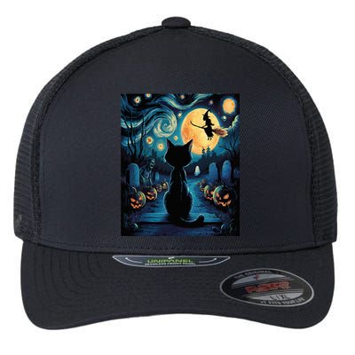 Halloween Witch Van Gogh Starry Night Black Cat Pumpkin Flexfit Unipanel Trucker Cap