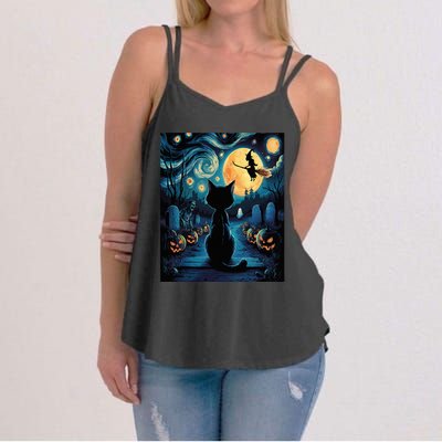 Halloween Witch Van Gogh Starry Night Black Cat Pumpkin Women's Strappy Tank