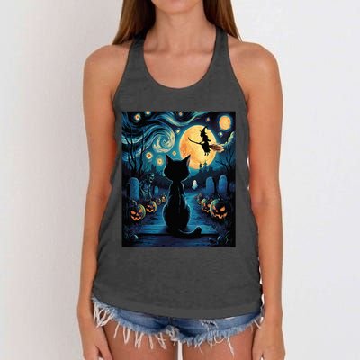 Halloween Witch Van Gogh Starry Night Black Cat Pumpkin Women's Knotted Racerback Tank