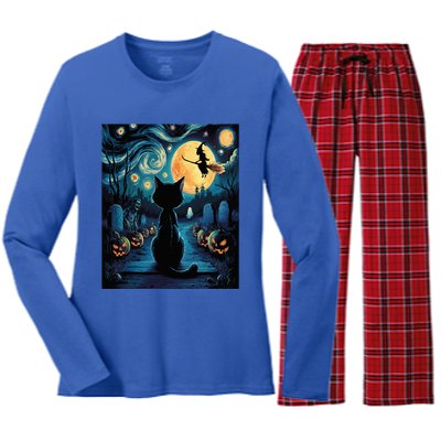 Halloween Witch Van Gogh Starry Night Black Cat Pumpkin Women's Long Sleeve Flannel Pajama Set 