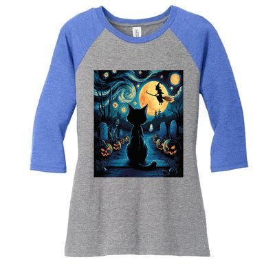 Halloween Witch Van Gogh Starry Night Black Cat Pumpkin Women's Tri-Blend 3/4-Sleeve Raglan Shirt