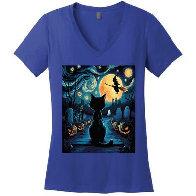 Halloween Witch Van Gogh Starry Night Black Cat Pumpkin Women's V-Neck T-Shirt