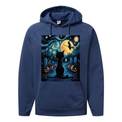 Halloween Witch Van Gogh Starry Night Black Cat Pumpkin Performance Fleece Hoodie