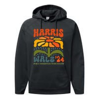 Harris Walz Waltz 2024 Retro Boho Groovy Flowers Performance Fleece Hoodie