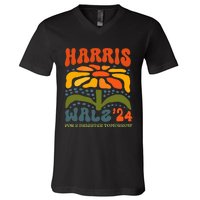 Harris Walz Waltz 2024 Retro Boho Groovy Flowers V-Neck T-Shirt