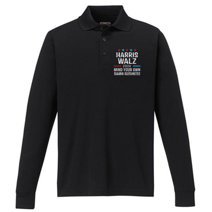 Harris Walz Waltz 2024 Mind Your Own Damn Business Performance Long Sleeve Polo