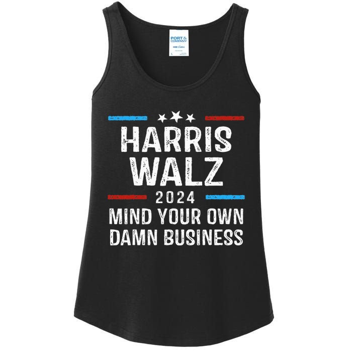 Harris Walz Waltz 2024 Mind Your Own Damn Business Ladies Essential Tank