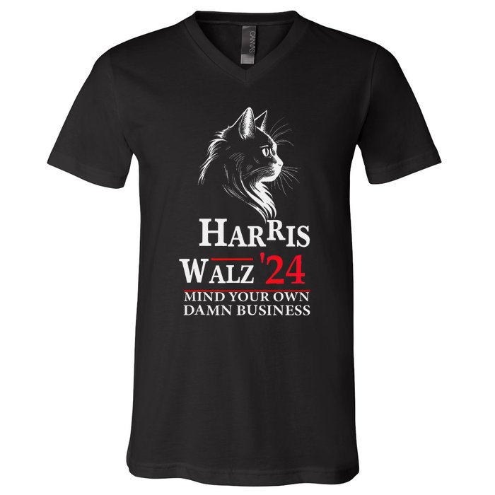 Harris Walz Waltz 2024 Mind Your Own Damn Business Cat Lady V-Neck T-Shirt