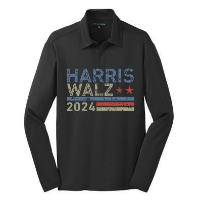 Harris Walz Waltz 2024 Retro Vintage Distressed Design Silk Touch Performance Long Sleeve Polo