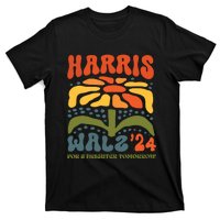 Harris Walz Waltz 2024 Retro Boho Vintage Groovy Flowers T-Shirt