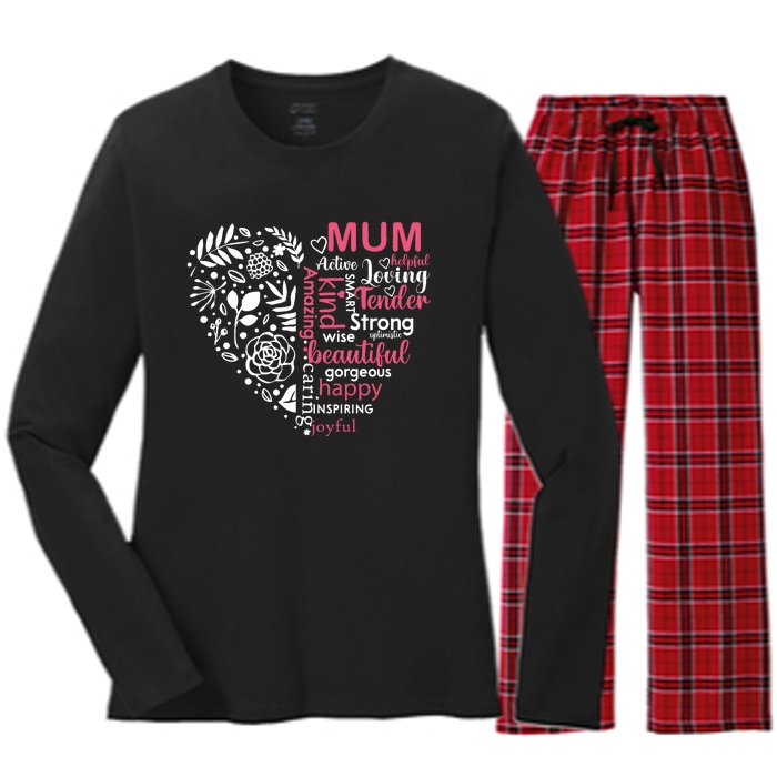 Heart With Words Of Kindness Mother's Day Gift Design For Mum Women's Long Sleeve Flannel Pajama Set 