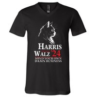 Harris Walz Waltz 2024 Mind Your Own Damn Business Cat Lady V-Neck T-Shirt