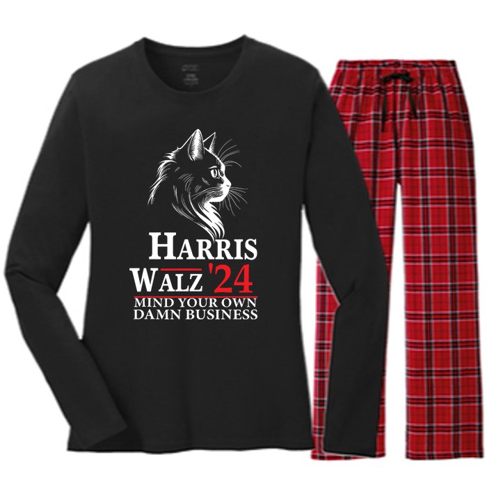 Harris Walz Waltz 2024 Mind Your Own Damn Business Cat Lady Women's Long Sleeve Flannel Pajama Set 