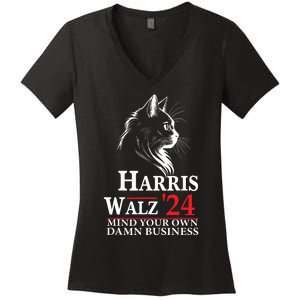 Harris Walz Waltz 2024 Mind Your Own Damn Business Cat Lady Women's V-Neck T-Shirt