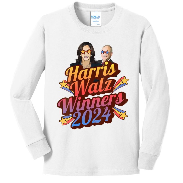 Harris Walz Winners 2024 Retro Kids Long Sleeve Shirt