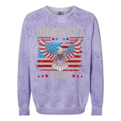 Harris Walz Waltz 2024 Election Distressed Eagle Flag Colorblast Crewneck Sweatshirt