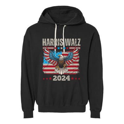 Harris Walz Waltz 2024 Election Distressed Eagle Flag Garment-Dyed Fleece Hoodie