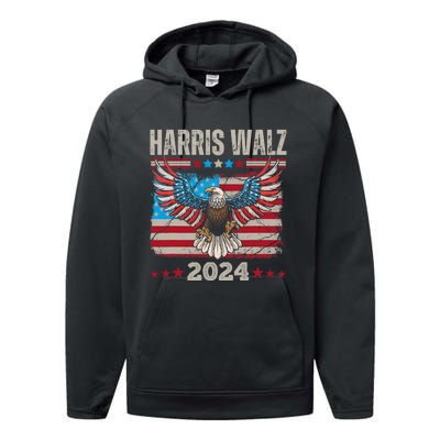 Harris Walz Waltz 2024 Election Distressed Eagle Flag Performance Fleece Hoodie