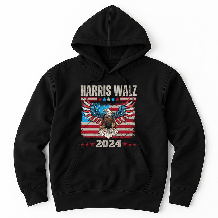 Harris Walz Waltz 2024 Election Distressed Eagle Flag Hoodie