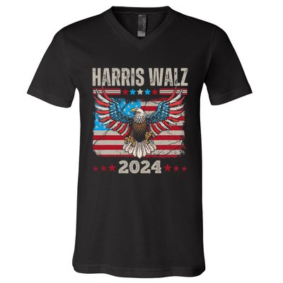 Harris Walz Waltz 2024 Election Distressed Eagle Flag V-Neck T-Shirt