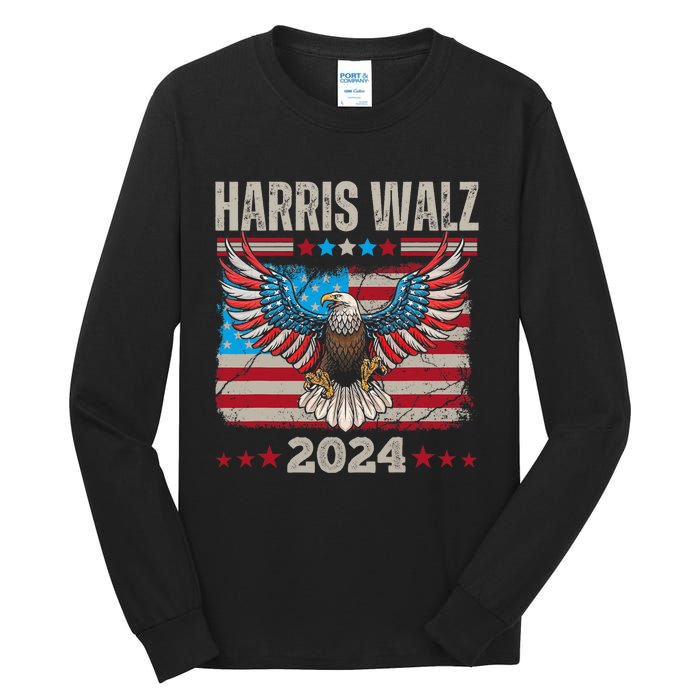 Harris Walz Waltz 2024 Election Distressed Eagle Flag Tall Long Sleeve T-Shirt