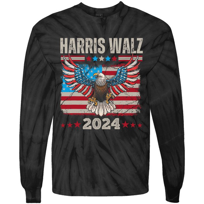 Harris Walz Waltz 2024 Election Distressed Eagle Flag Tie-Dye Long Sleeve Shirt