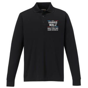 Harris Walz Waltz 2024 Mind Your Own Damn Business Performance Long Sleeve Polo