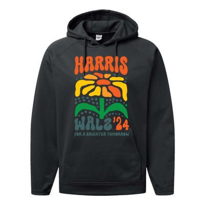 Harris Walz Waltz 2024 Retro Boho Vintage Groovy Flowers Performance Fleece Hoodie