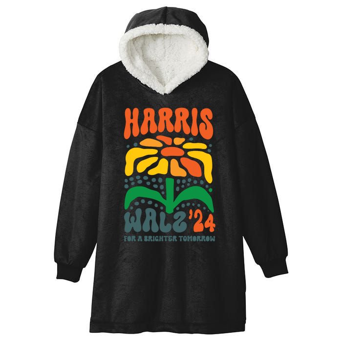 Harris Walz Waltz 2024 Retro Boho Vintage Groovy Flowers Hooded Wearable Blanket