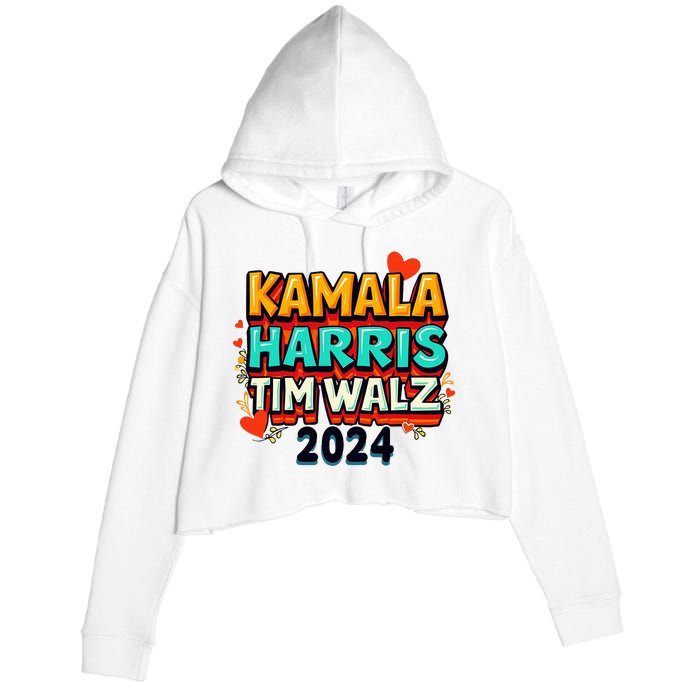 Harris Walz Waltz 2024 Vintage Style Kamala Harris Tim Walz Crop Fleece Hoodie