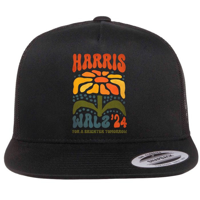 Harris Walz Waltz 2024 Retro Boho Vintage Groovy Flowers Gift Flat Bill Trucker Hat