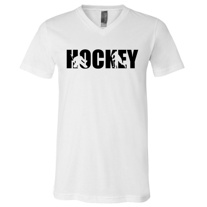 Hockey Word With Cut Out Silhouettes V-Neck T-Shirt