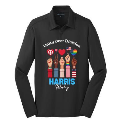 Harris Walz Waltz 2024 Unity Over Division Gift Silk Touch Performance Long Sleeve Polo