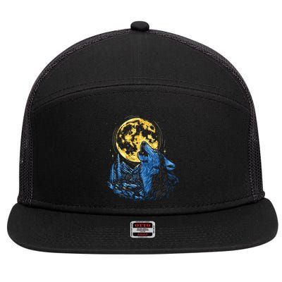 Howling Wolf Yellow Moon 7 Panel Mesh Trucker Snapback Hat