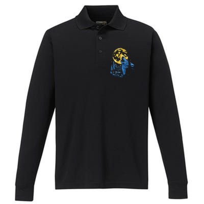 Howling Wolf Yellow Moon Performance Long Sleeve Polo