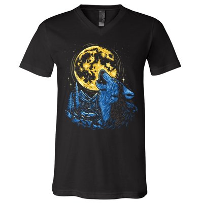 Howling Wolf Yellow Moon V-Neck T-Shirt